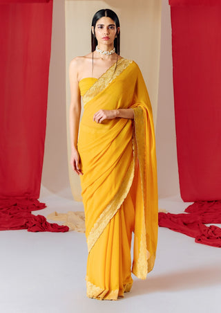 Ekaya-Yellow Georgette Sari With Unstitched Blouse-INDIASPOPUP.COM