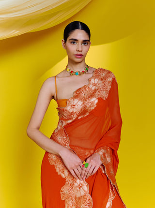 Ekaya-Orange Georgette Sari With Unstitched Blouse-INDIASPOPUP.COM