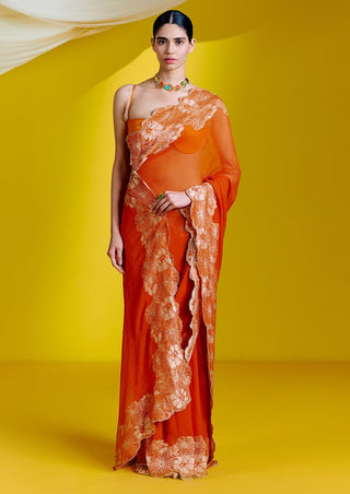 Ekaya-Orange Georgette Sari With Unstitched Blouse-INDIASPOPUP.COM
