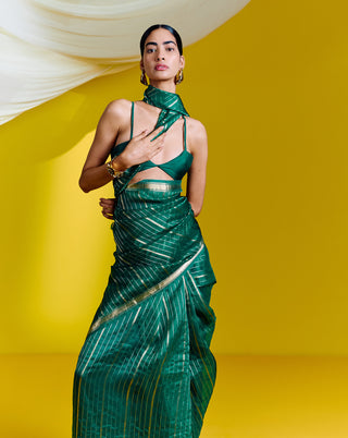 Ekaya-Handwoven Green Striped Sari With Unstitched Blouse-INDIASPOPUP.COM