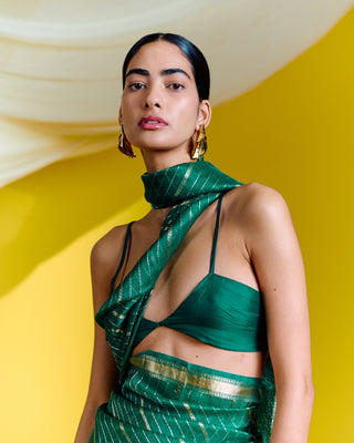 Ekaya-Handwoven Green Striped Sari With Unstitched Blouse-INDIASPOPUP.COM