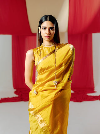 Ekaya-Handwoven Yellow Silk Sari With Unstitched Blouse-INDIASPOPUP.COM