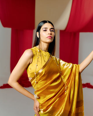 Ekaya-Handwoven Yellow Silk Sari With Unstitched Blouse-INDIASPOPUP.COM
