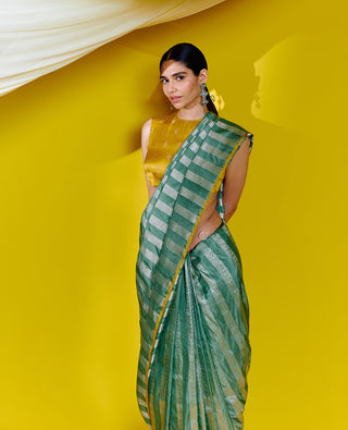 Ekaya-Green Striped Silk Sari With Unstitched Blouse-INDIASPOPUP.COM
