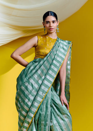 Ekaya-Green Striped Silk Sari With Unstitched Blouse-INDIASPOPUP.COM