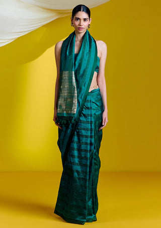 Ekaya-Handwoven Green Silk Sari With Unstitched Blouse-INDIASPOPUP.COM
