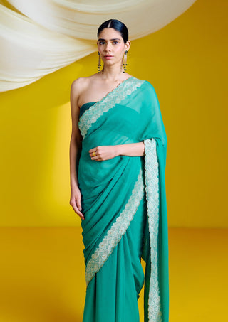 Ekaya-Green Georgette Sari With Unstitched Blouse-INDIASPOPUP.COM