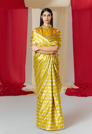 Ekaya-Yellow Striped Silk Sari With Unstitched Blouse-INDIASPOPUP.COM
