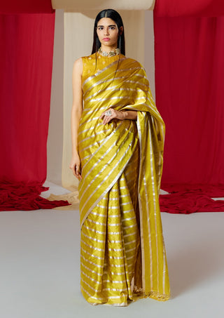 Ekaya-Yellow Striped Silk Sari With Unstitched Blouse-INDIASPOPUP.COM