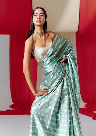 Ekaya-Green Striped Silk Sari With Unstitched Blouse-INDIASPOPUP.COM