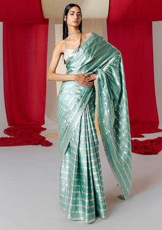 Ekaya-Green Striped Silk Sari With Unstitched Blouse-INDIASPOPUP.COM