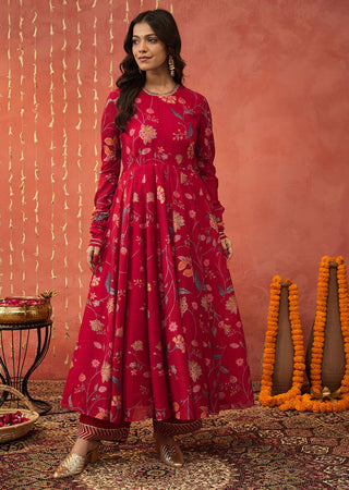 Red Kalyani Chintz Anarkali Set by Shivani Bhargava available on Indiaspopup.com