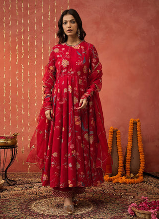 Red Kalyani Chintz Anarkali Set by Shivani Bhargava available on Indiaspopup.com