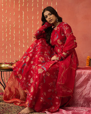 Red Kalyani Chintz Anarkali Set by Shivani Bhargava available on Indiaspopup.com