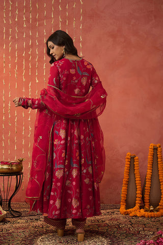 Red Kalyani Chintz Anarkali Set by Shivani Bhargava available on Indiaspopup.com