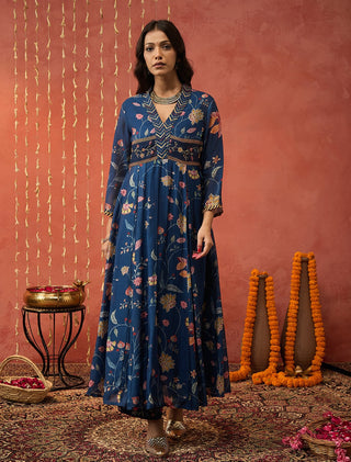 Blue Bela Chintz Embroidered Anarkali Set by Shivani Bhargava available on Indiaspopup.com
