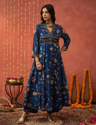 Blue Bela Chintz Embroidered Anarkali Set by Shivani Bhargava available on Indiaspopup.com