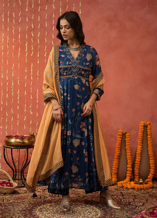 Blue Bela Chintz Embroidered Anarkali Set by Shivani Bhargava available on Indiaspopup.com