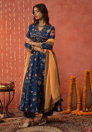 Blue Bela Chintz Embroidered Anarkali Set by Shivani Bhargava available on Indiaspopup.com