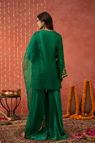 Emerald Green Silk Embroidered Short Kurta And Sharara Set by Shivani Bhargava available on Indiaspopup.com