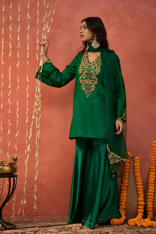 Emerald Green Silk Embroidered Short Kurta And Sharara Set by Shivani Bhargava available on Indiaspopup.com