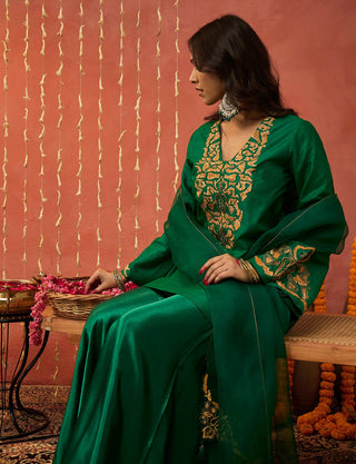 Emerald Green Silk Embroidered Short Kurta And Sharara Set by Shivani Bhargava available on Indiaspopup.com