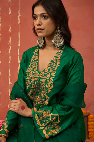 Emerald Green Silk Embroidered Short Kurta And Sharara Set by Shivani Bhargava available on Indiaspopup.com