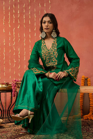Emerald Green Silk Embroidered Short Kurta And Sharara Set by Shivani Bhargava available on Indiaspopup.com