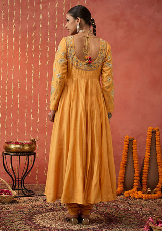 Mustard Kumkum Embroidered Anarkali Set by Shivani Bhargava available on Indiaspopup.com