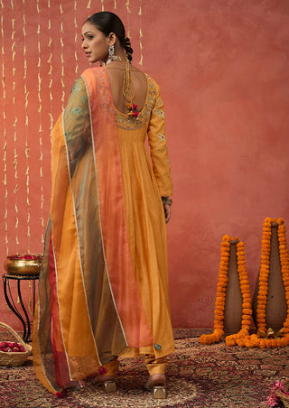 Mustard Kumkum Embroidered Anarkali Set by Shivani Bhargava available on Indiaspopup.com