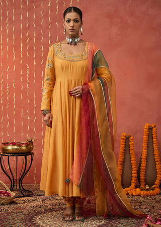 Mustard Kumkum Embroidered Anarkali Set by Shivani Bhargava available on Indiaspopup.com