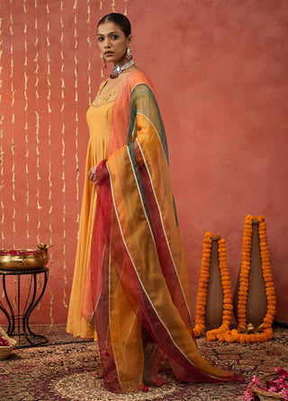 Mustard Kumkum Embroidered Anarkali Set by Shivani Bhargava available on Indiaspopup.com