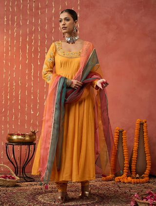 Mustard Kumkum Embroidered Anarkali Set by Shivani Bhargava available on Indiaspopup.com