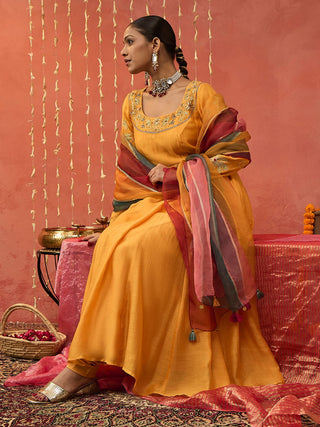 Mustard Kumkum Embroidered Anarkali Set by Shivani Bhargava available on Indiaspopup.com