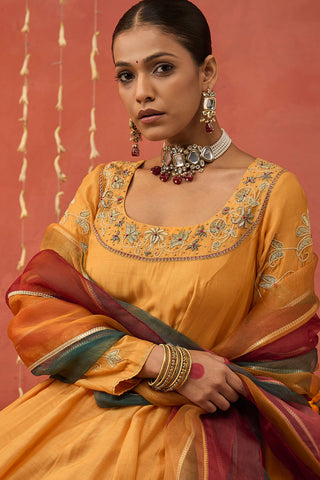 Mustard Kumkum Embroidered Anarkali Set by Shivani Bhargava available on Indiaspopup.com