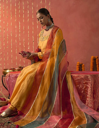Mustard Kumkum Embroidered Anarkali Set by Shivani Bhargava available on Indiaspopup.com