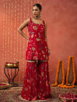 Red Diyac Chintz Embroidered Short Kurta And Sharara Set by Shivani Bhargava available on Indiaspopup.com