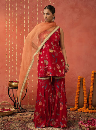 Red Diyac Chintz Embroidered Short Kurta And Sharara Set by Shivani Bhargava available on Indiaspopup.com