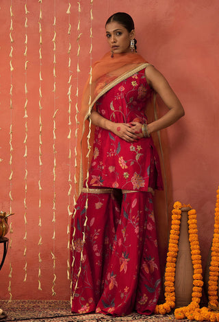 Red Diyac Chintz Embroidered Short Kurta And Sharara Set by Shivani Bhargava available on Indiaspopup.com