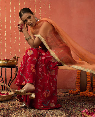 Red Diyac Chintz Embroidered Short Kurta And Sharara Set by Shivani Bhargava available on Indiaspopup.com