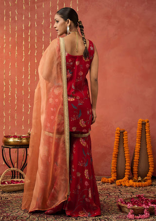 Red Diyac Chintz Embroidered Short Kurta And Sharara Set by Shivani Bhargava available on Indiaspopup.com