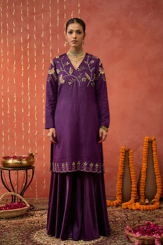 Purple Silk Embroidered Short Kurta And Sharara Set by Shivani Bhargava available on Indiaspopup.com
