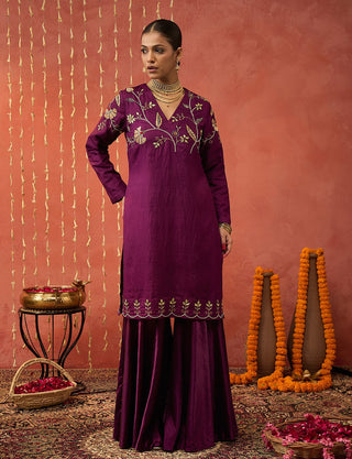 Purple Silk Embroidered Short Kurta And Sharara Set by Shivani Bhargava available on Indiaspopup.com
