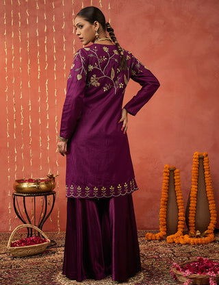 Purple Silk Embroidered Short Kurta And Sharara Set by Shivani Bhargava available on Indiaspopup.com