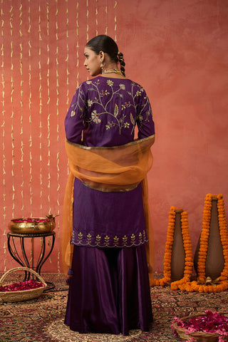 Purple Silk Embroidered Short Kurta And Sharara Set by Shivani Bhargava available on Indiaspopup.com