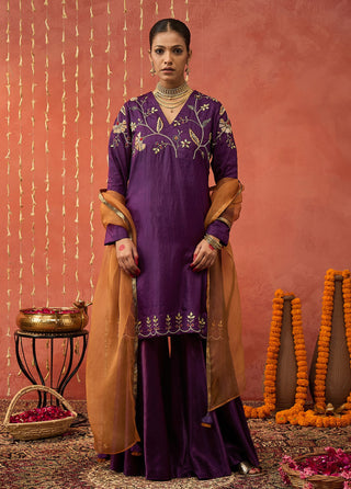 Purple Silk Embroidered Short Kurta And Sharara Set by Shivani Bhargava available on Indiaspopup.com