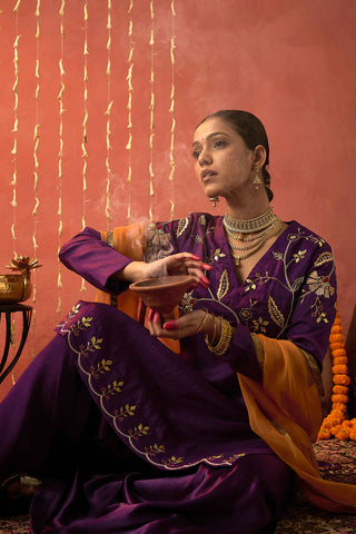 Purple Silk Embroidered Short Kurta And Sharara Set by Shivani Bhargava available on Indiaspopup.com