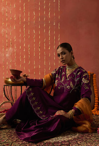Purple Silk Embroidered Short Kurta And Sharara Set by Shivani Bhargava available on Indiaspopup.com