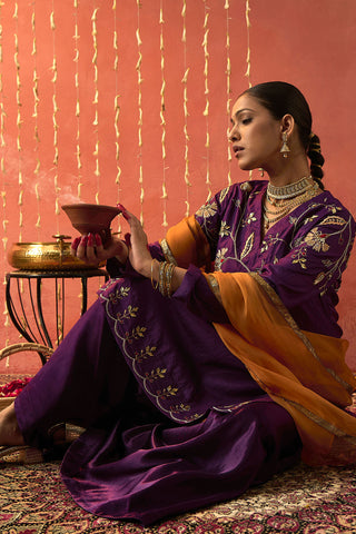 Purple Silk Embroidered Short Kurta And Sharara Set by Shivani Bhargava available on Indiaspopup.com