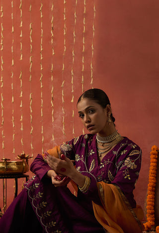 Purple Silk Embroidered Short Kurta And Sharara Set by Shivani Bhargava available on Indiaspopup.com